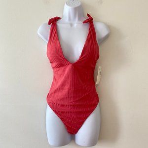 Raisins Pink Ribbed One Piece Swimsuit Plunge Front Cheeky Medium